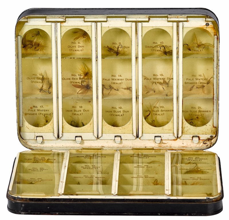 Vintage Richard Wheatley Aluminium Black Fly Fishing box. In Original Box.  Flies - Julia McKee